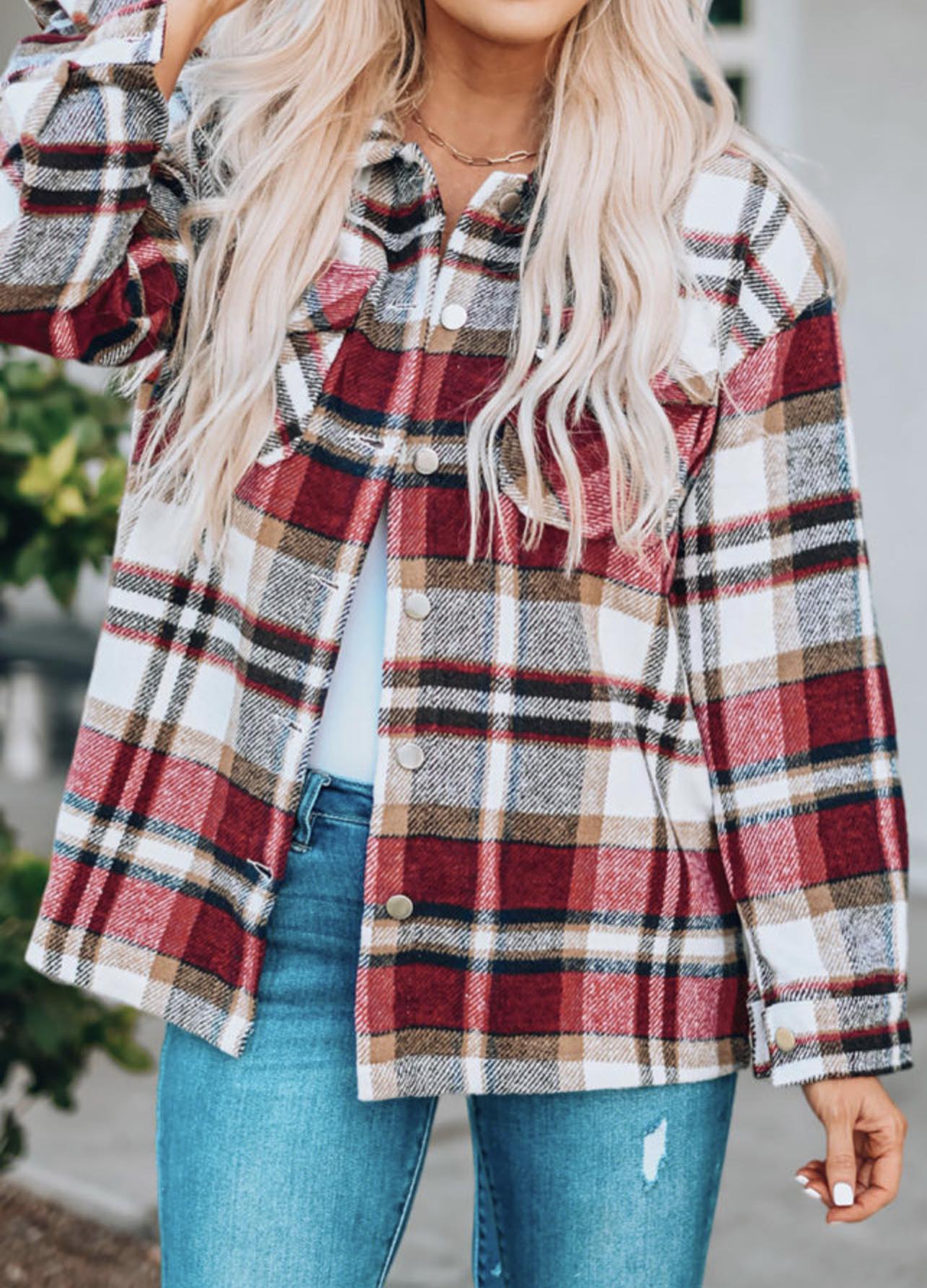 Fiery Red Geometric Plaid Print Pocketed Sweater