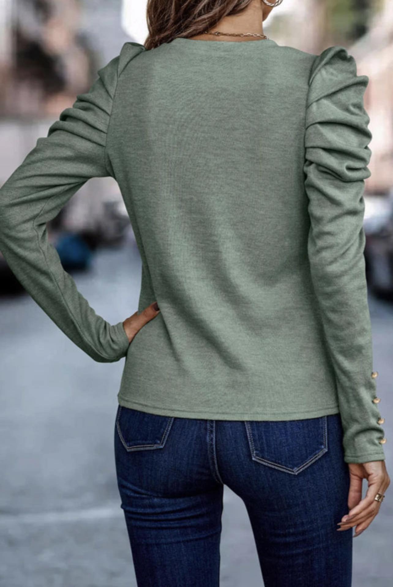 Green Buttoned Long Sleeve Sheath Top