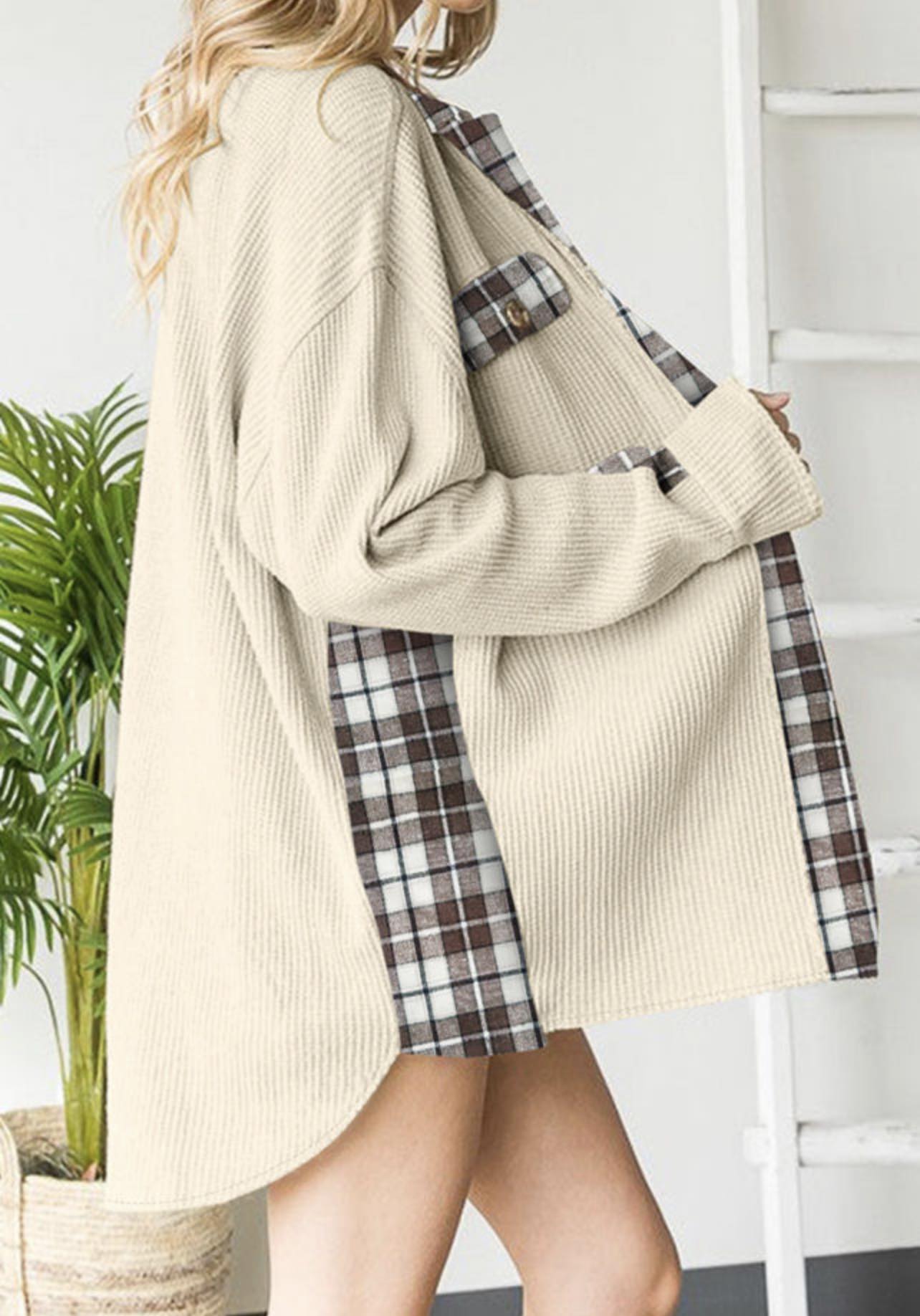 Apricot Plaid Patchwork Waffle Thermal Knit Shacket