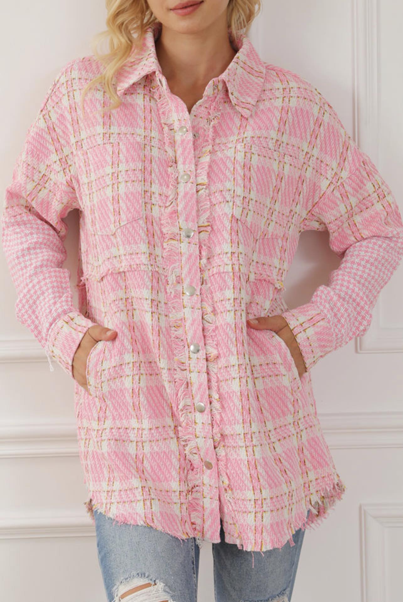 Pink Houndstooth Splicing Oversized Tweed Shacket