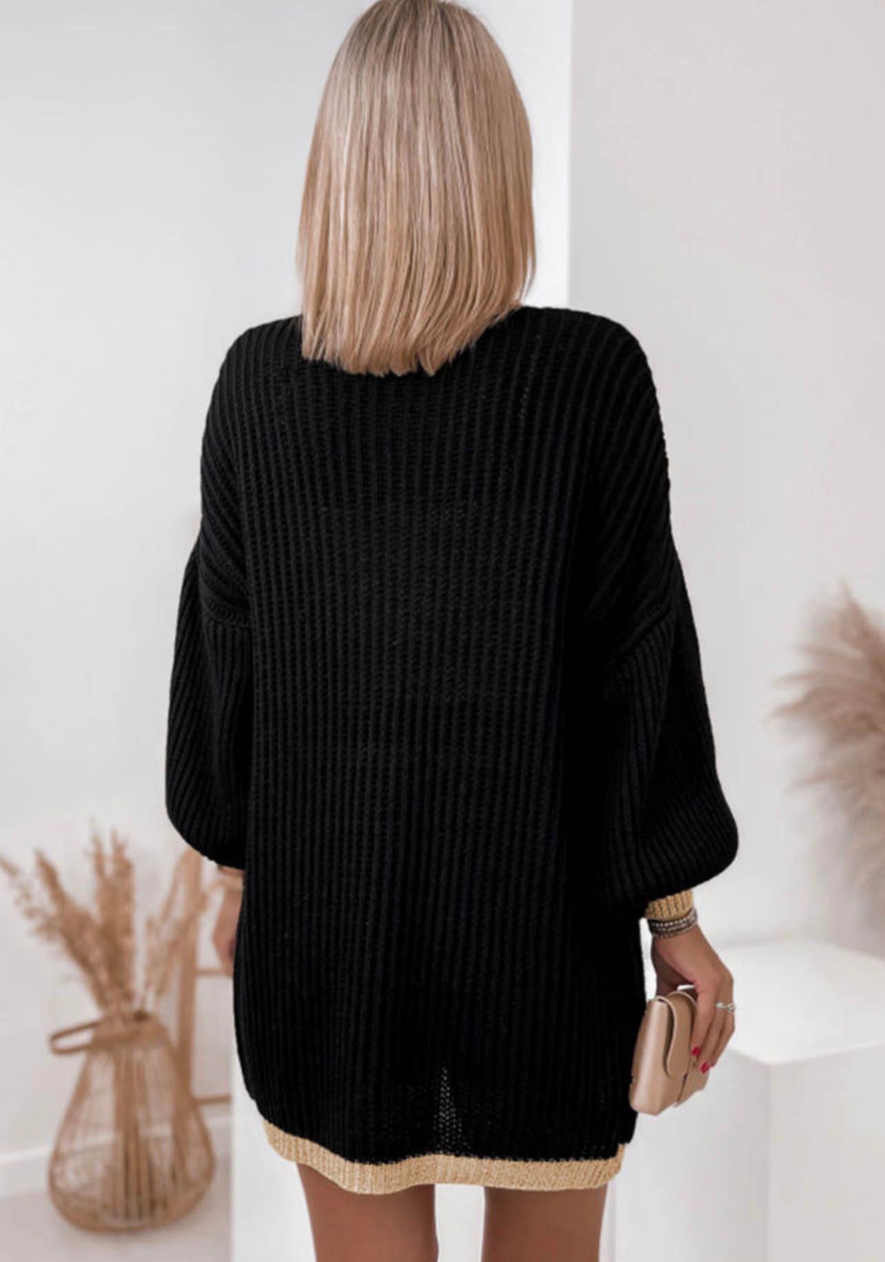 Black Contrast Trim Open Front Lantern Sleeves Cardigan