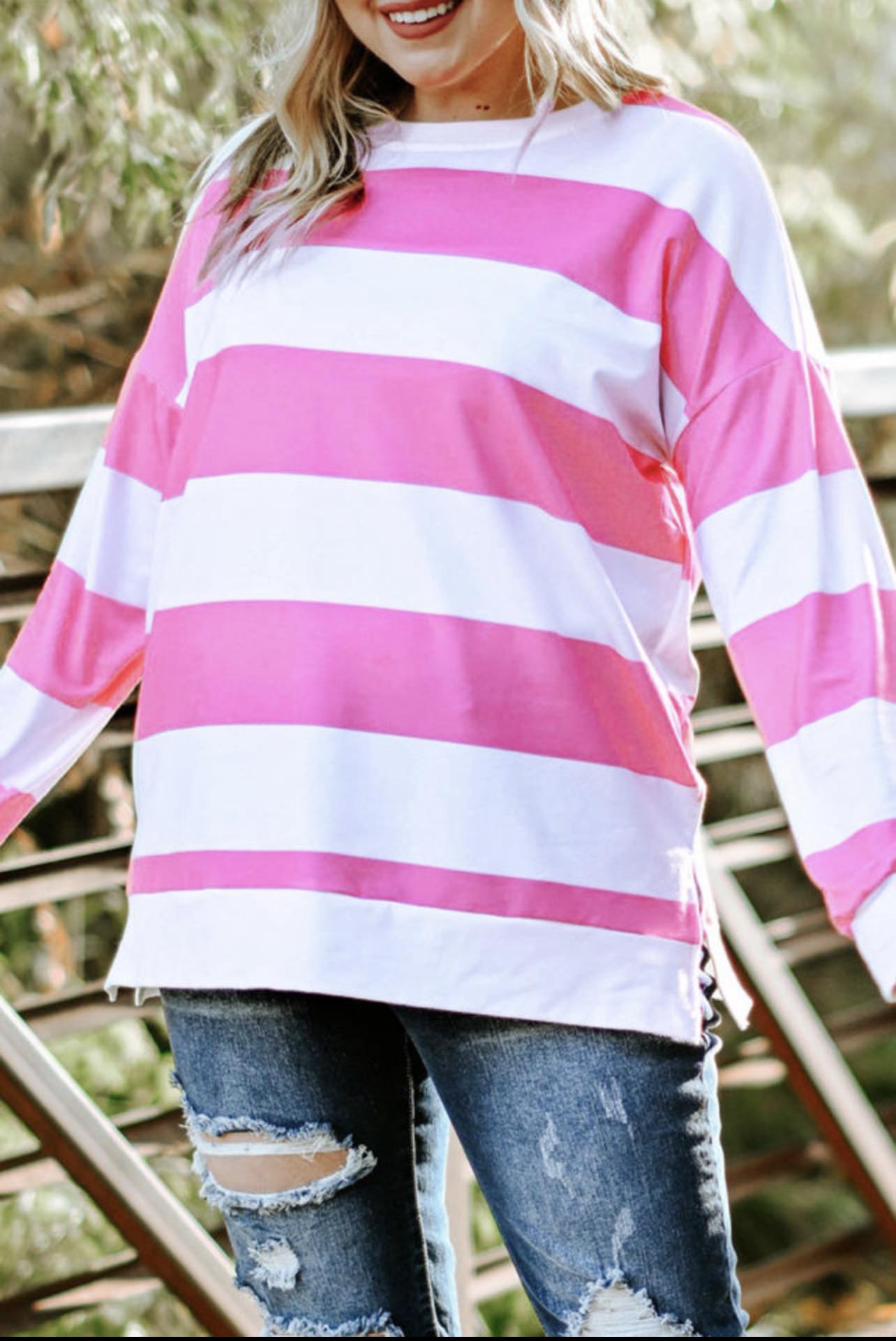 Pink Striped Side Slit Plus Size Sweatshirt