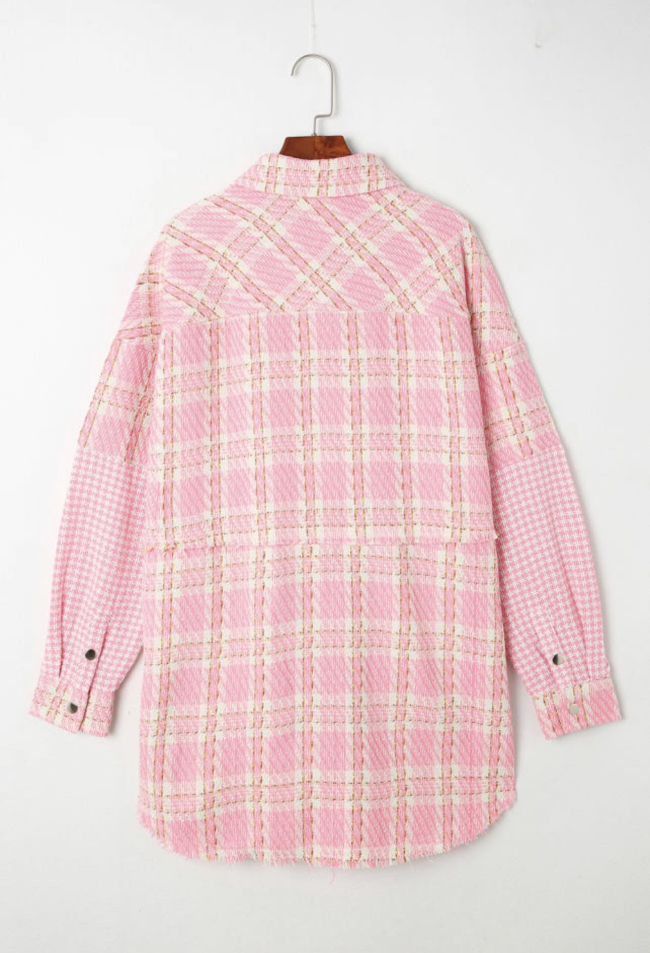 Pink Houndstooth Splicing Oversized Tweed Shacket