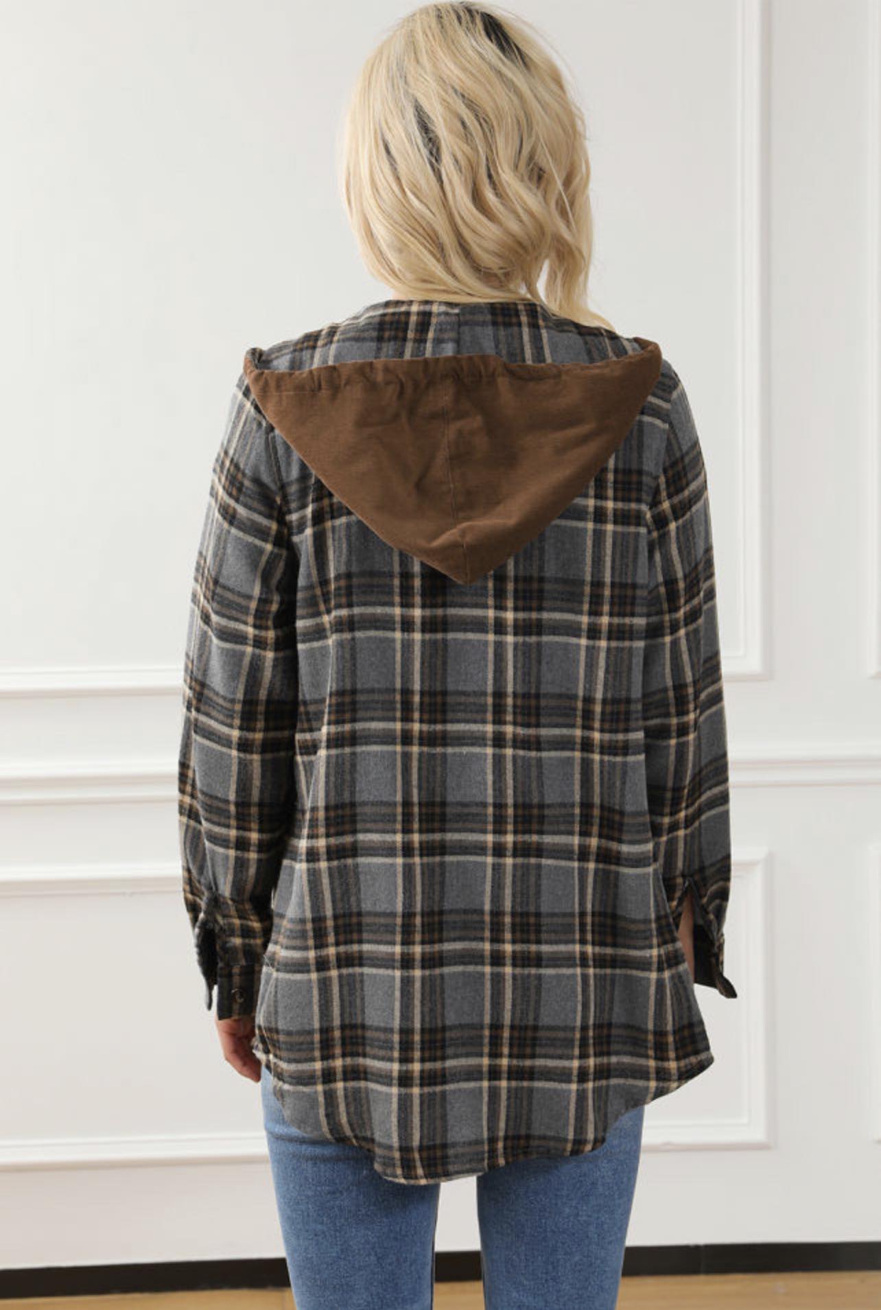 Contrasted Hooded Drawstring Plaid Shaket