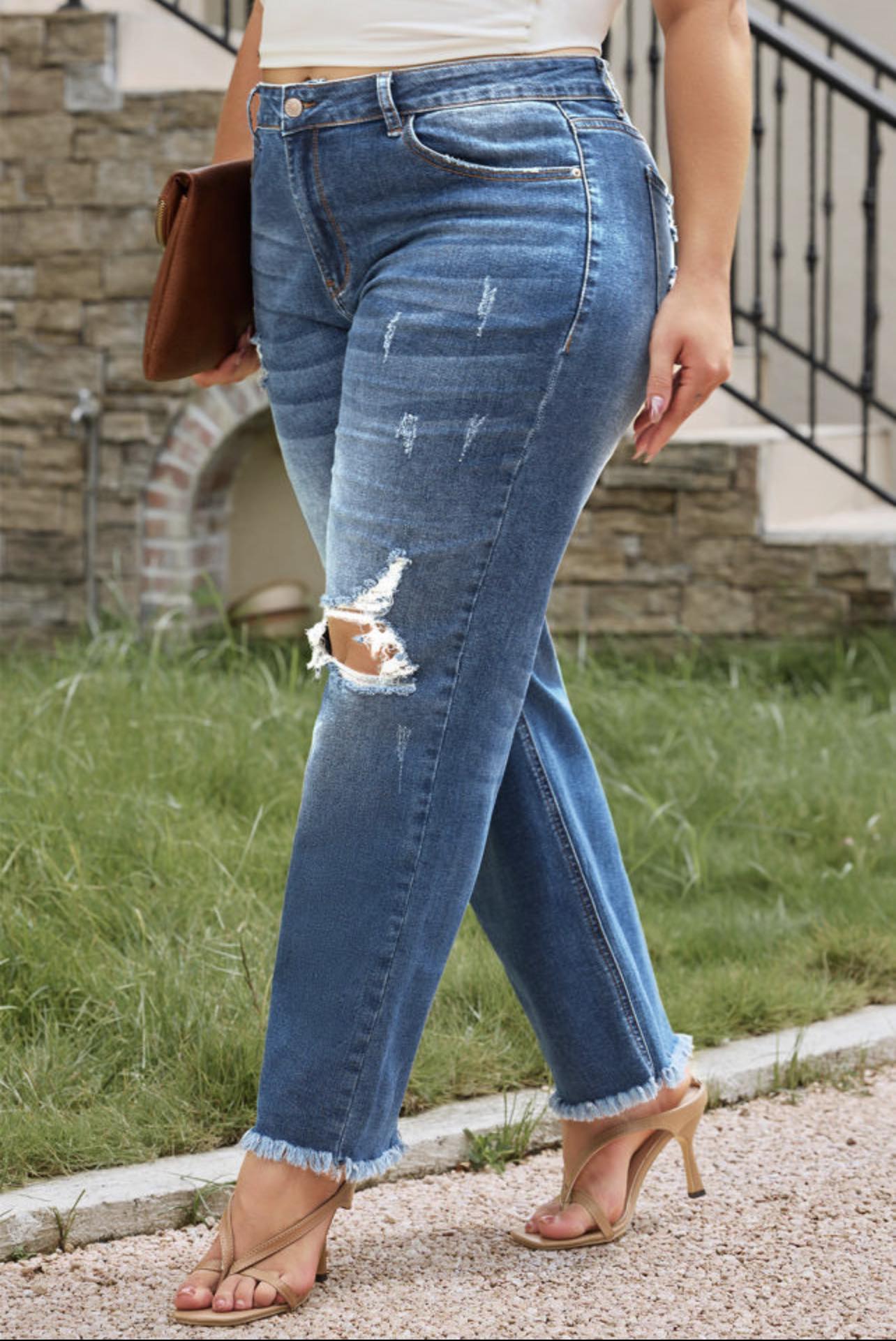 Blue Plus Size Open Knee Distressed Jeans