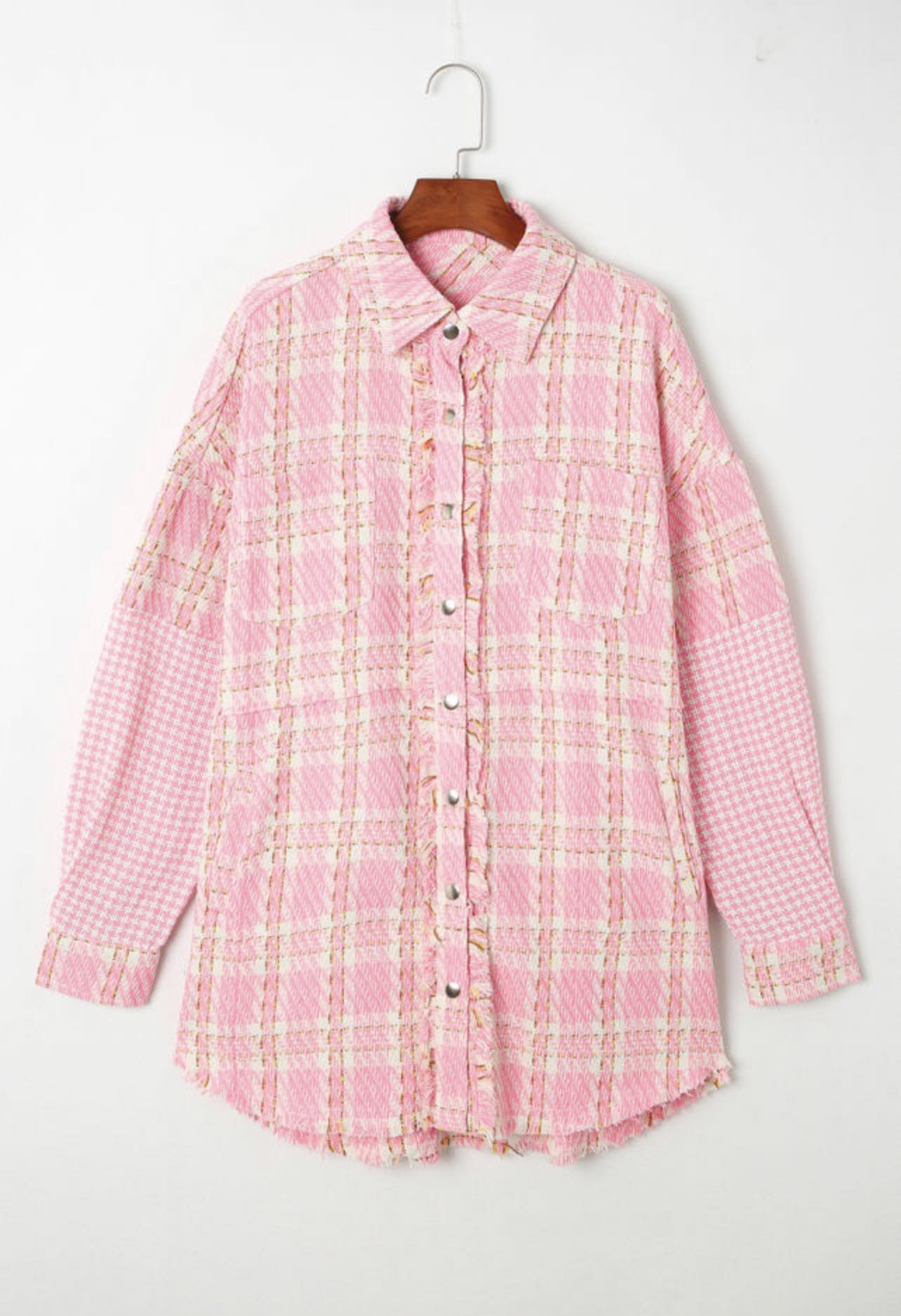 Pink Houndstooth Splicing Oversized Tweed Shacket