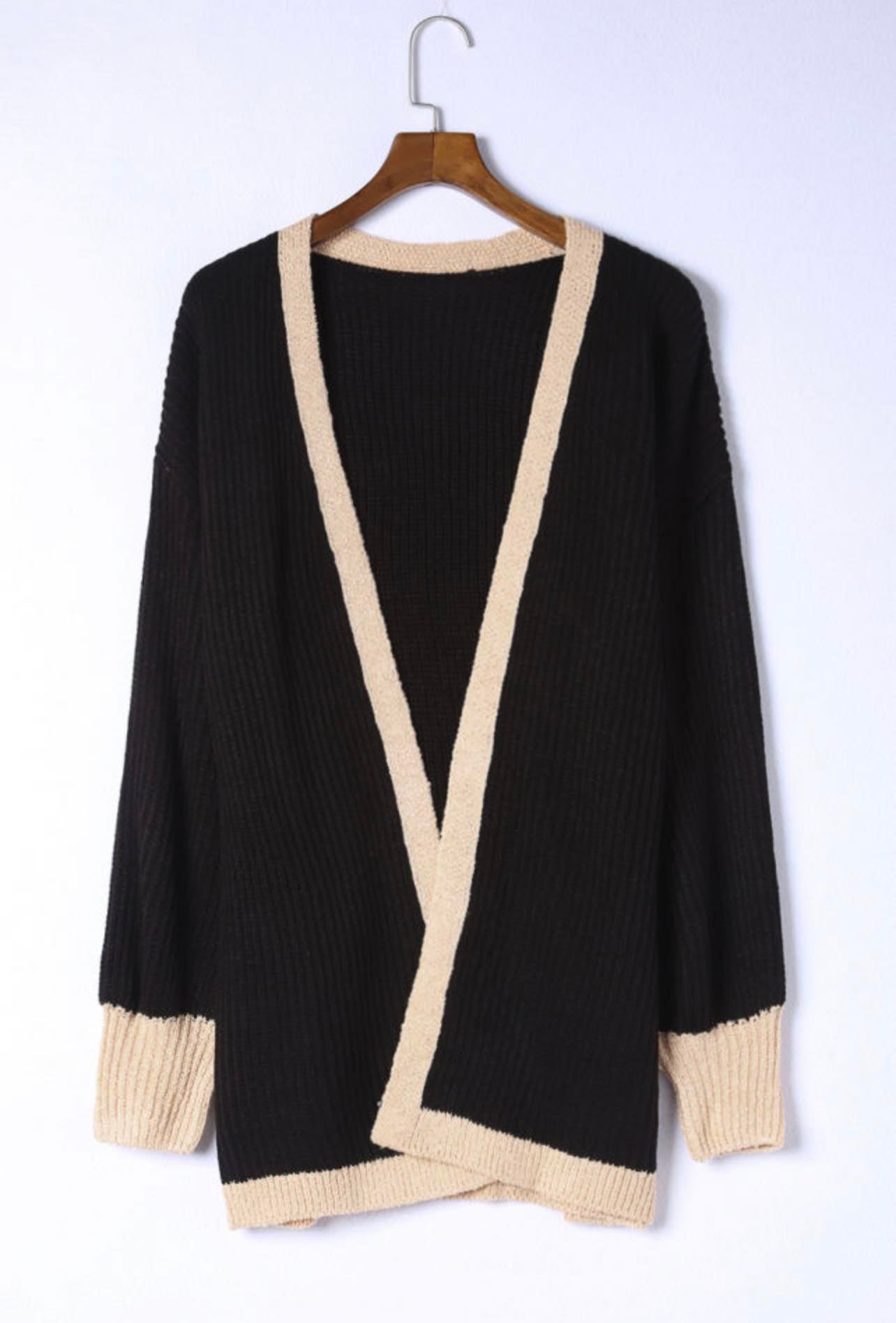 Black Contrast Trim Open Front Lantern Sleeves Cardigan