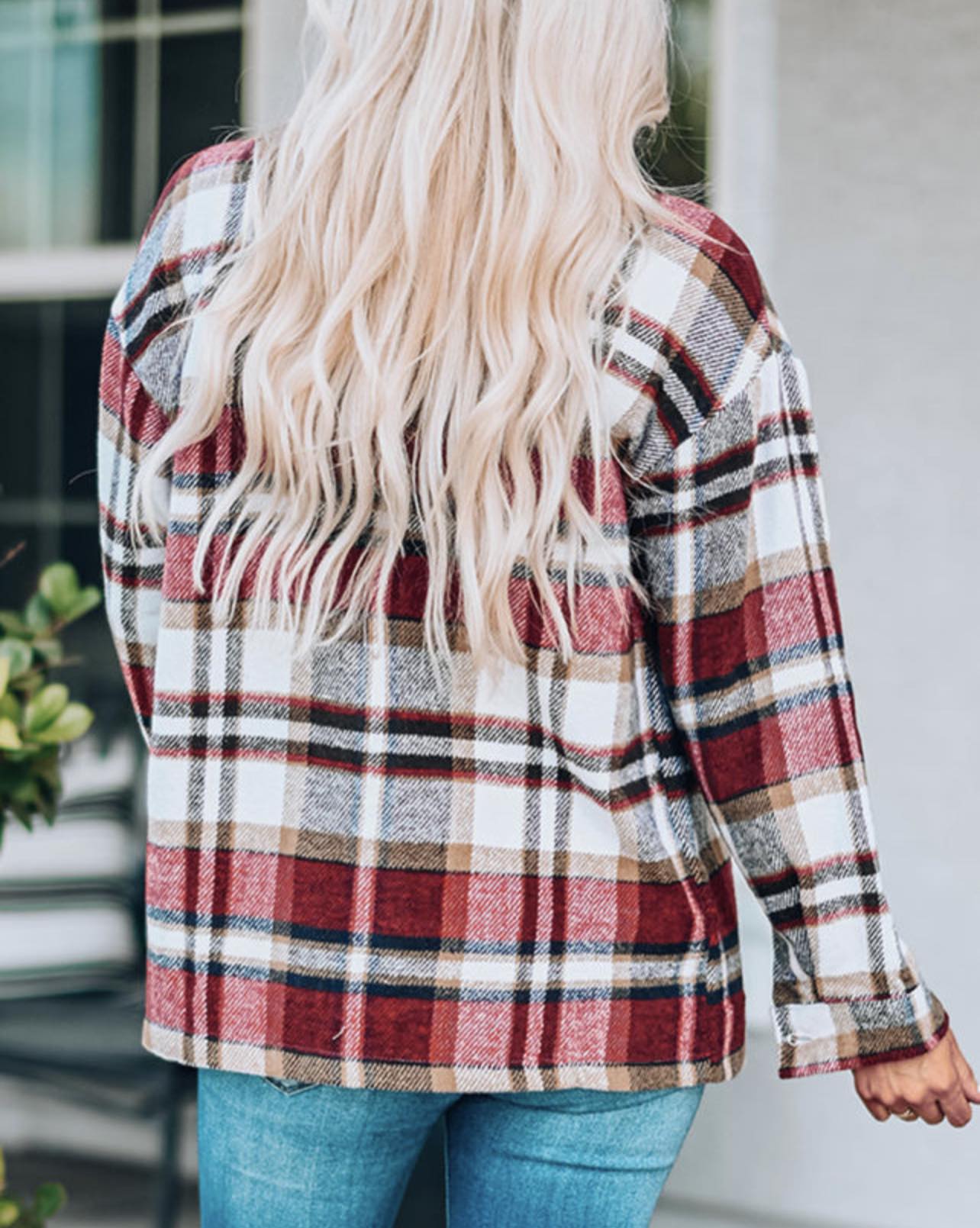 Fiery Red Geometric Plaid Print Pocketed Sweater