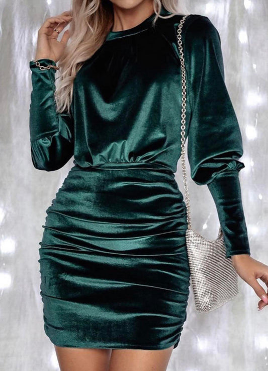 Green Velvet Puff Sleeved Ruched Bodycon Dress