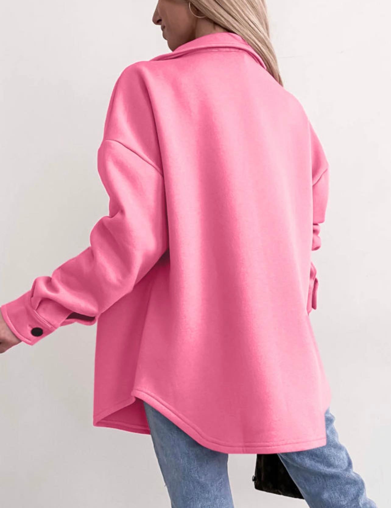 Pink Solid Colored Pocketed Button Up Long Sleeve Shacket