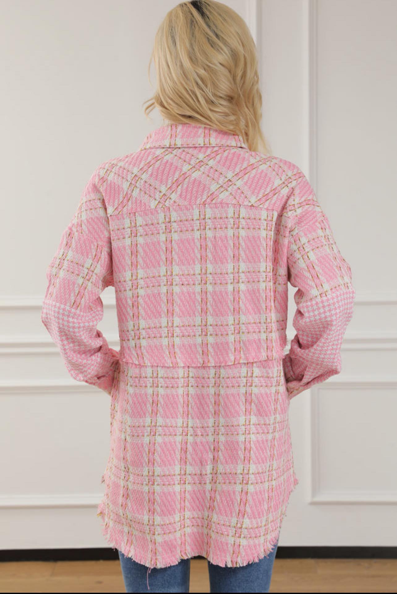 Pink Houndstooth Splicing Oversized Tweed Shacket