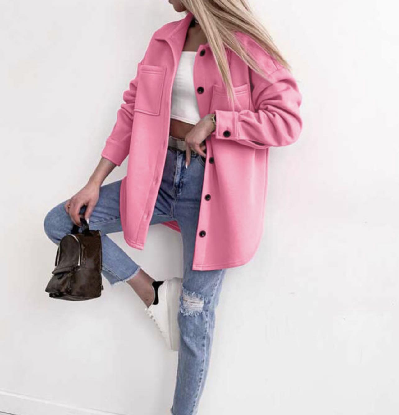 Pink Solid Colored Pocketed Button Up Long Sleeve Shacket