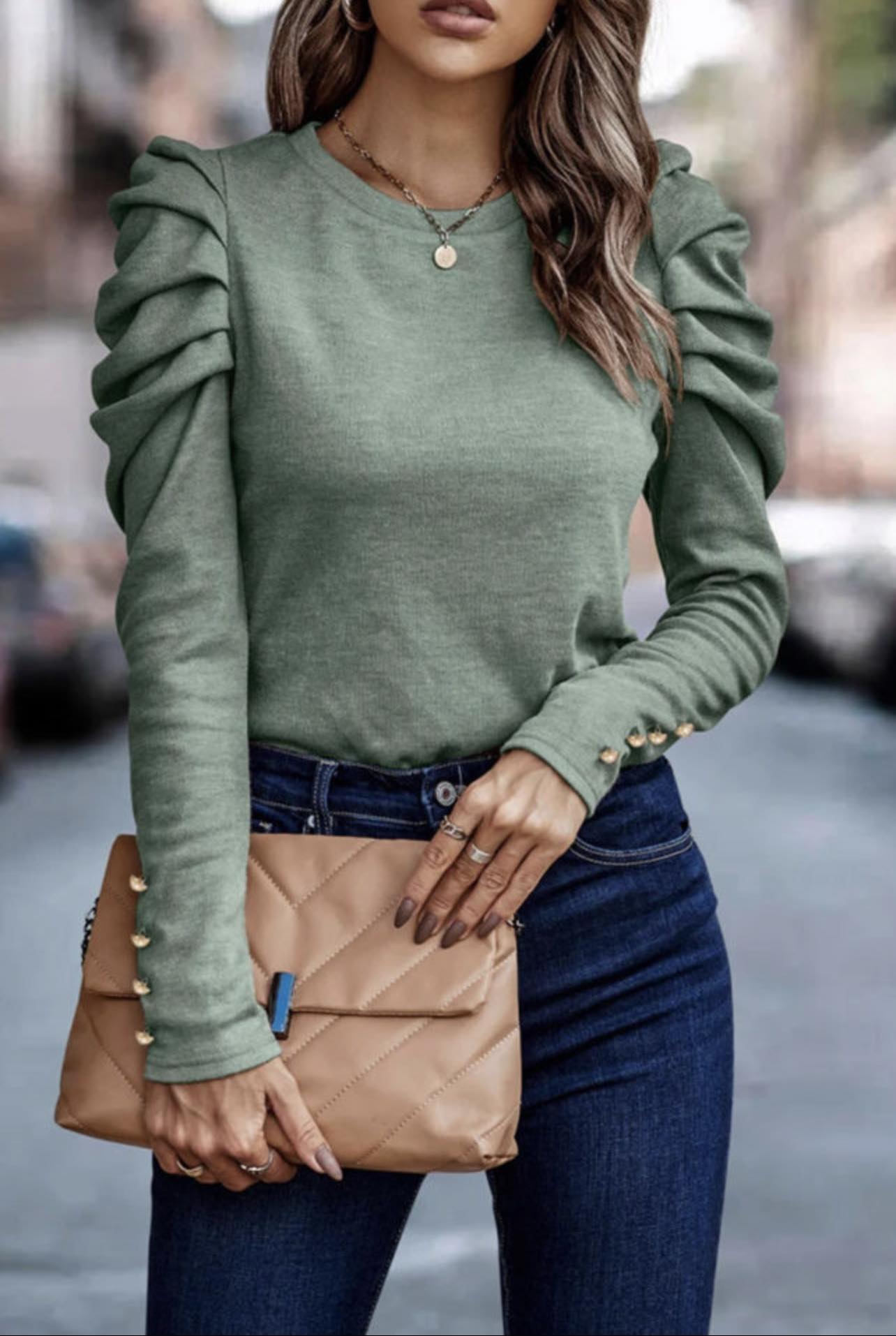 Green Buttoned Long Sleeve Sheath Top